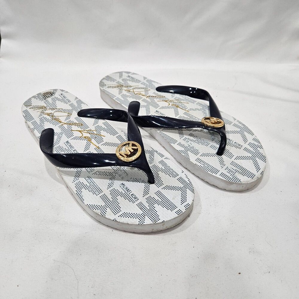 Michael Kors Womens Flip Flops Size 8 Black White Resort Summer Vacation Casual